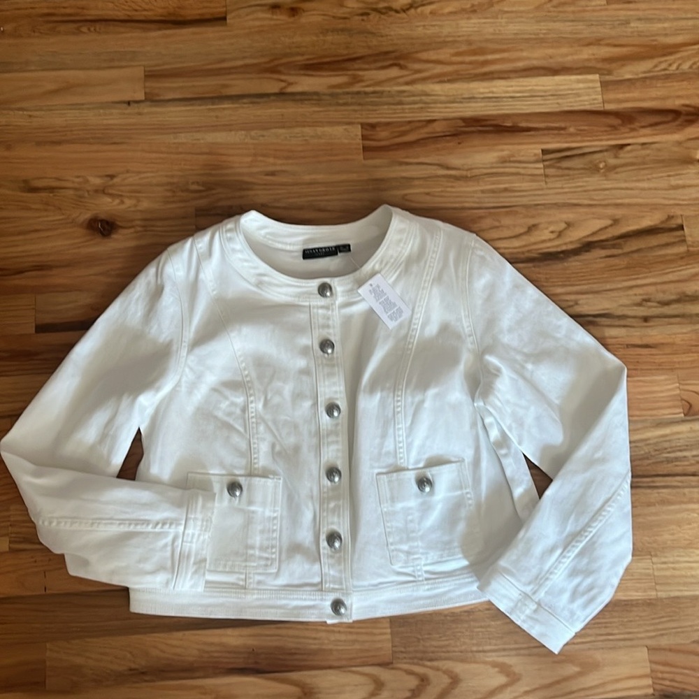Susan Graver Jeans white button front denim jean jacket Size Large NWT